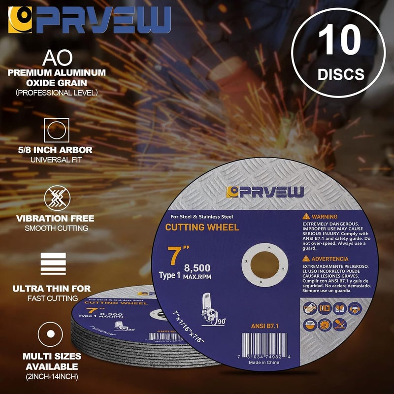 PRVEW 10-Pack 7-Inch Cut Off Wheels,7" x1/16 x7/8" Quality Cutting Disc, Metal & Stainless Steel Aggressive Cutting Wheel for Angle Grinder, General Purpose Cut-Off Wheel(7-Inch) - Image 4